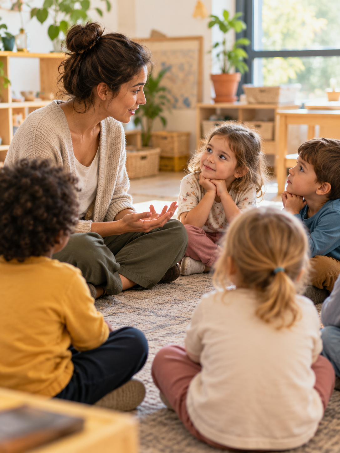Educatrice e bambini durante un momento di ascolto condiviso