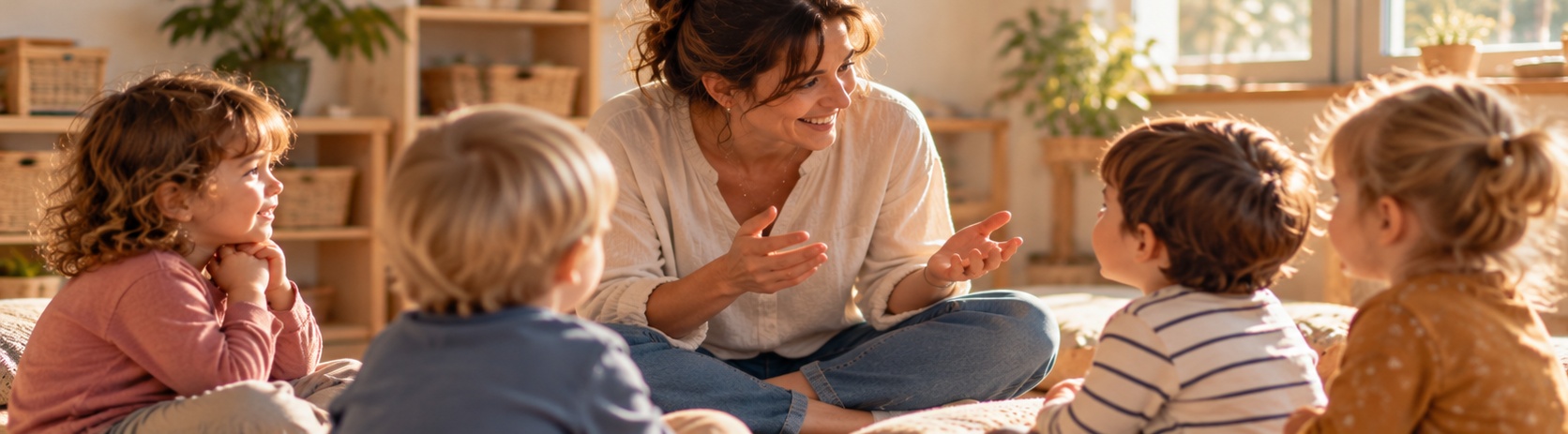 Educatore e bambini durante un'attività musicale
